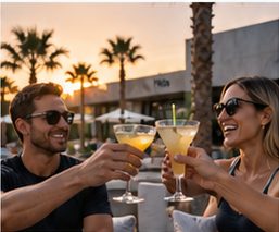 Two friends toasting at sunset on the patio