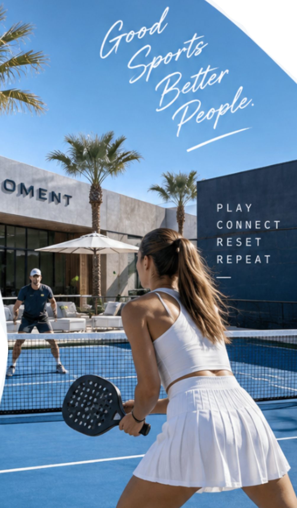 A player ready at the net on a blue padel court outside the Moment clubhouse