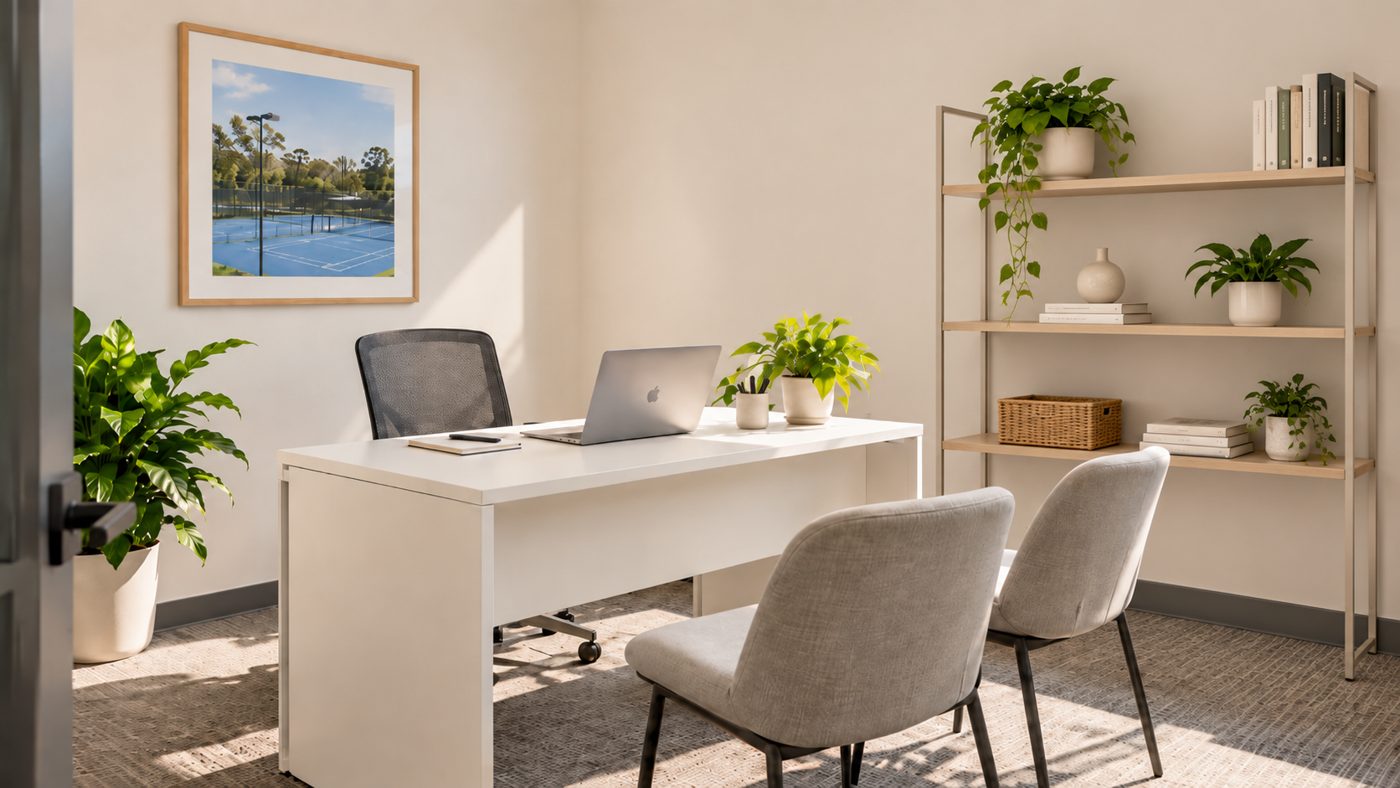 A bright private office with a white desk, two guest chairs, plants and shelving