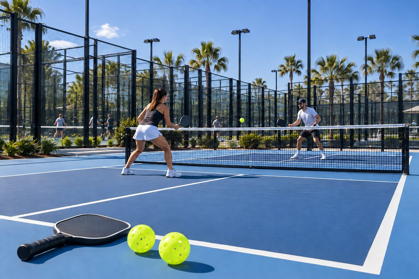 A pickleball paddle and balls on the court during a rally
