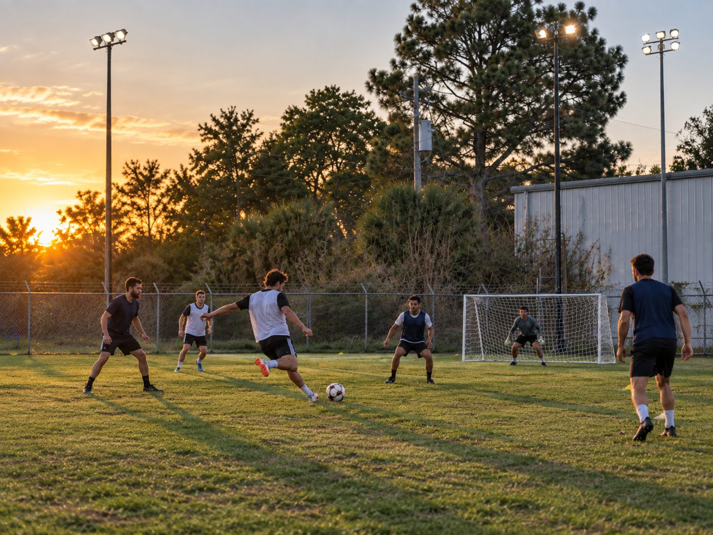 Players in a pickup soccer game on the outdoor pitch at sunset